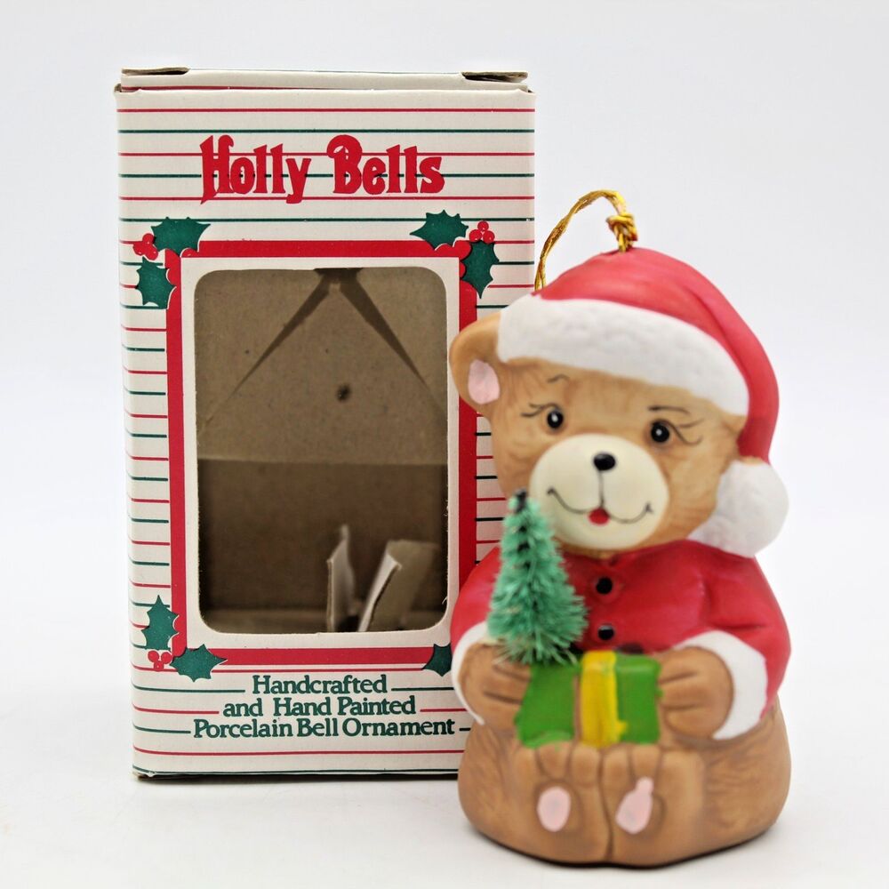 Holly Bells Porcelain Teddy Bear Bell Ornament Vintage 1986 Original Box a